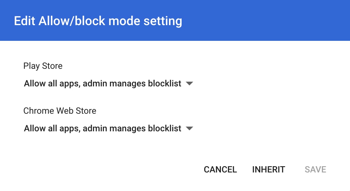 Google Admin Console's Allow/Block mode UI for allowing/blocking apps & extensions