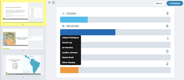 Multiple choice, lit passage, overlaid with names, dashboard