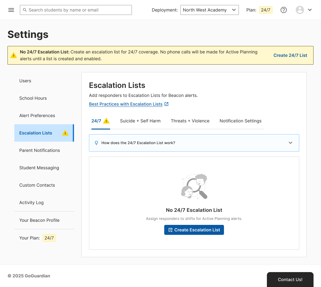 Escalation Lists settings page with the 24/7 tab open