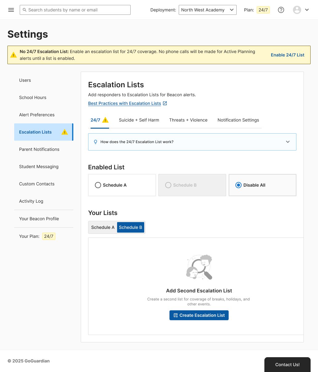 Add Second Escalation List empty state under Your Lists