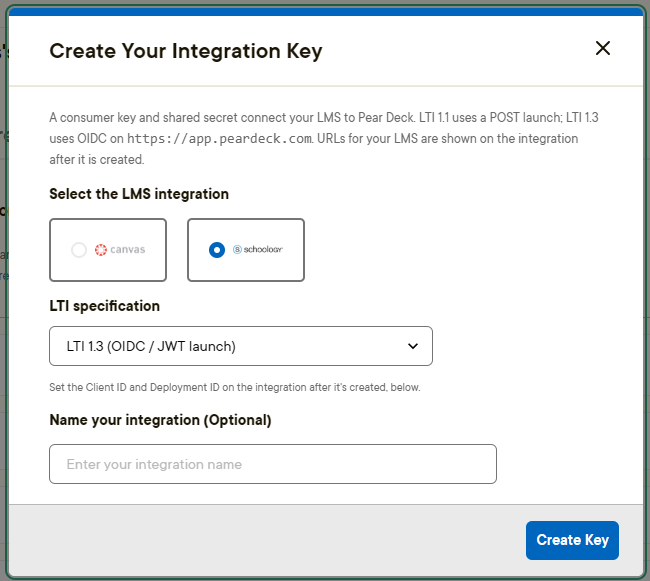 Pear Deck integration form with Schoology and LTI 1.3 configuration options