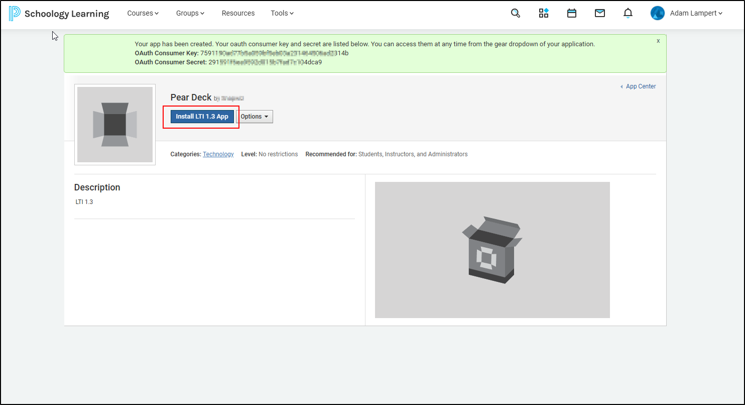 Schoology Pear Deck developer app with the Install LTI 1.3 App button