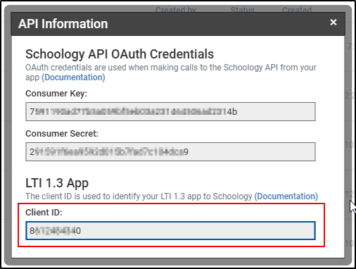 Schoology API Information window with the Client ID under the LTI 1.3 App section