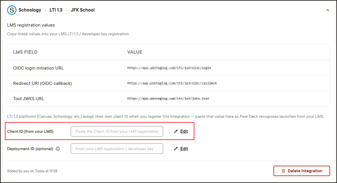 Pear Deck integration configuration showing registration values, the Client ID field, and the Deployment ID field