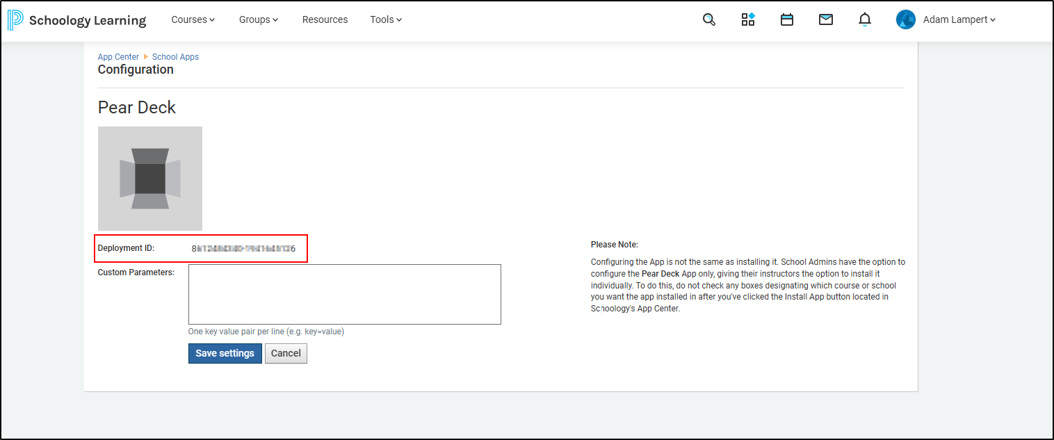 Schoology Pear Deck app configuration page showing the Deployment ID field