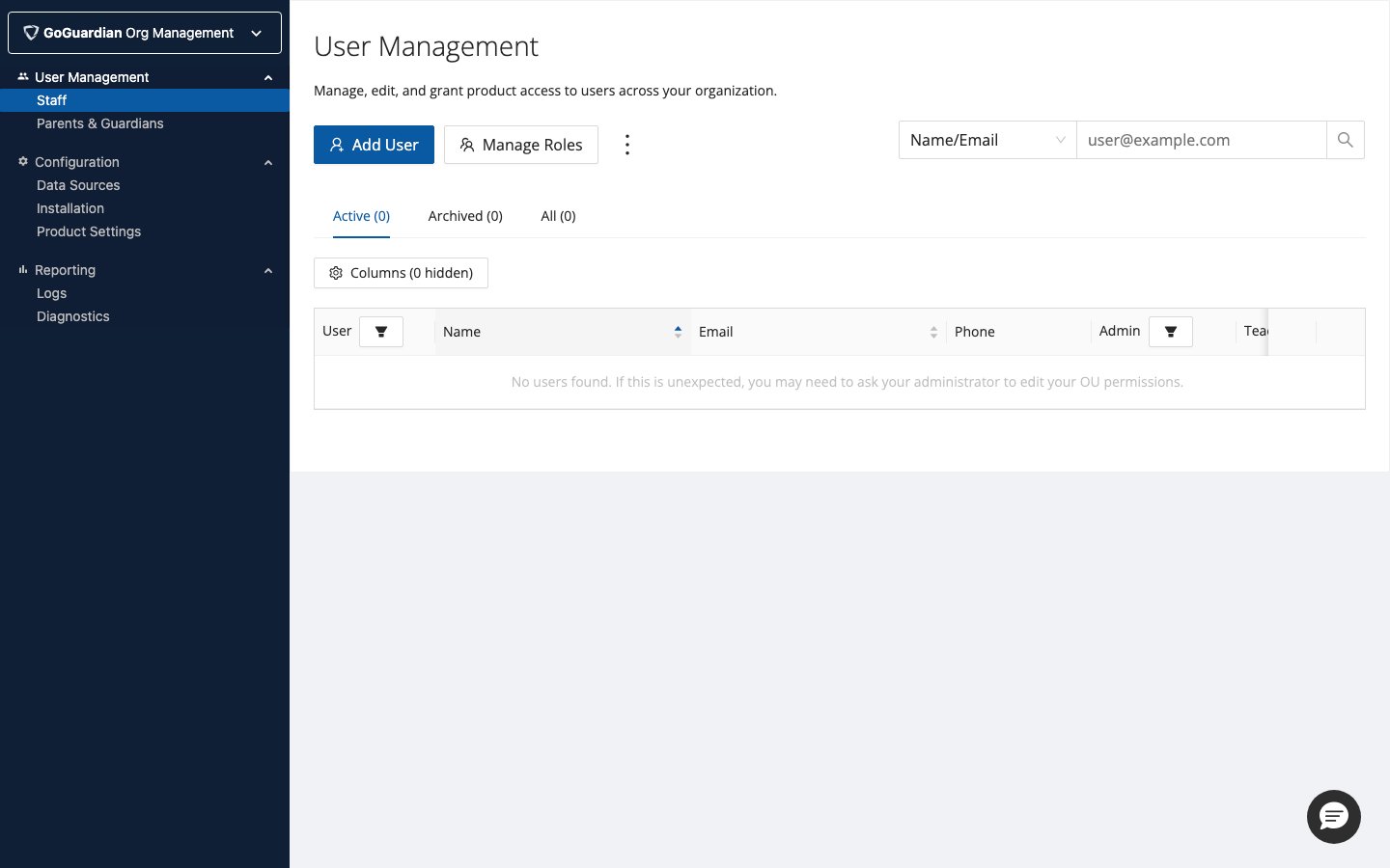 Edit user form in Org Management showing Product Roles and Organizational Unit Permissions sections