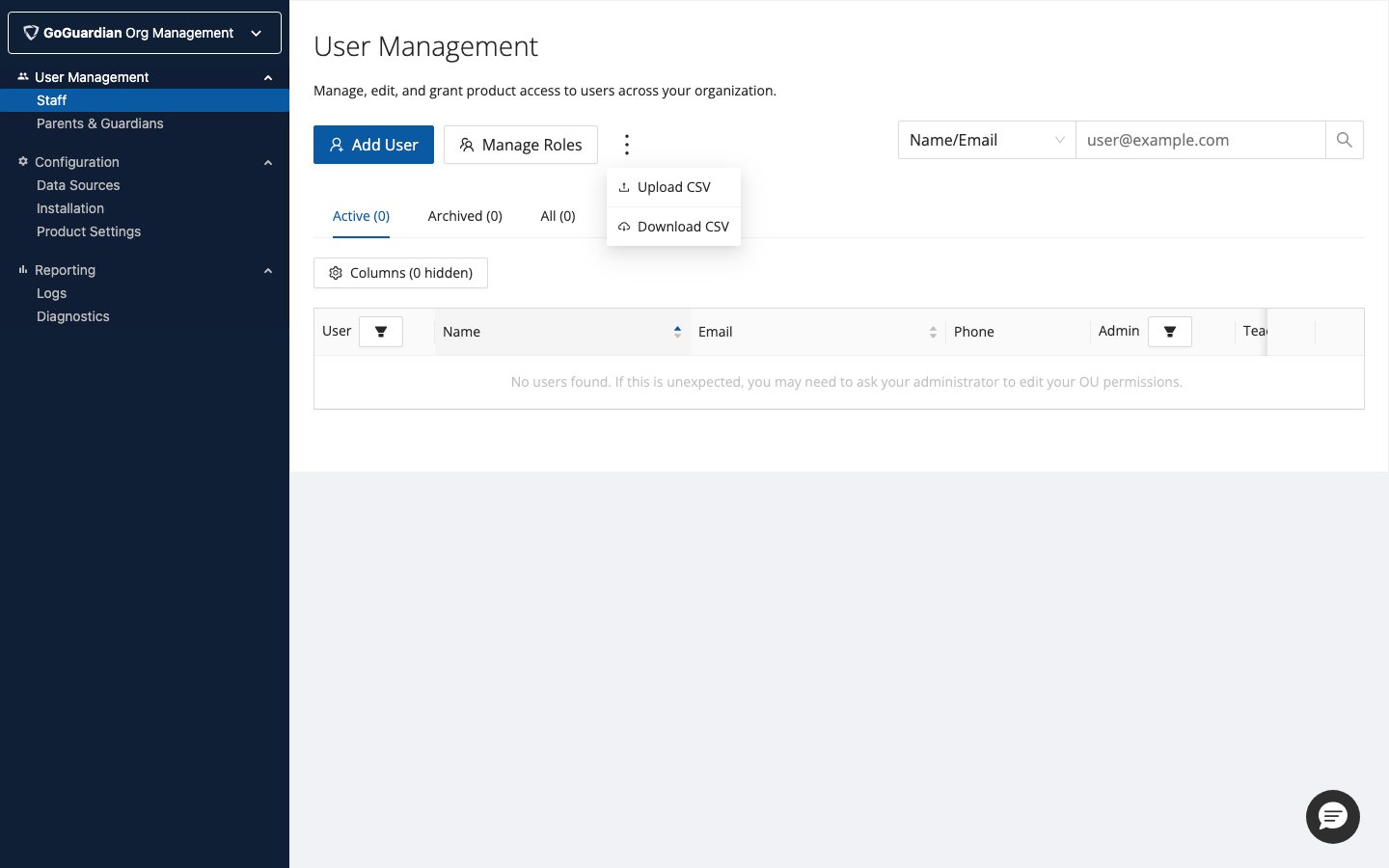 Org Management User Management page with three-dot menu open showing Download CSV option