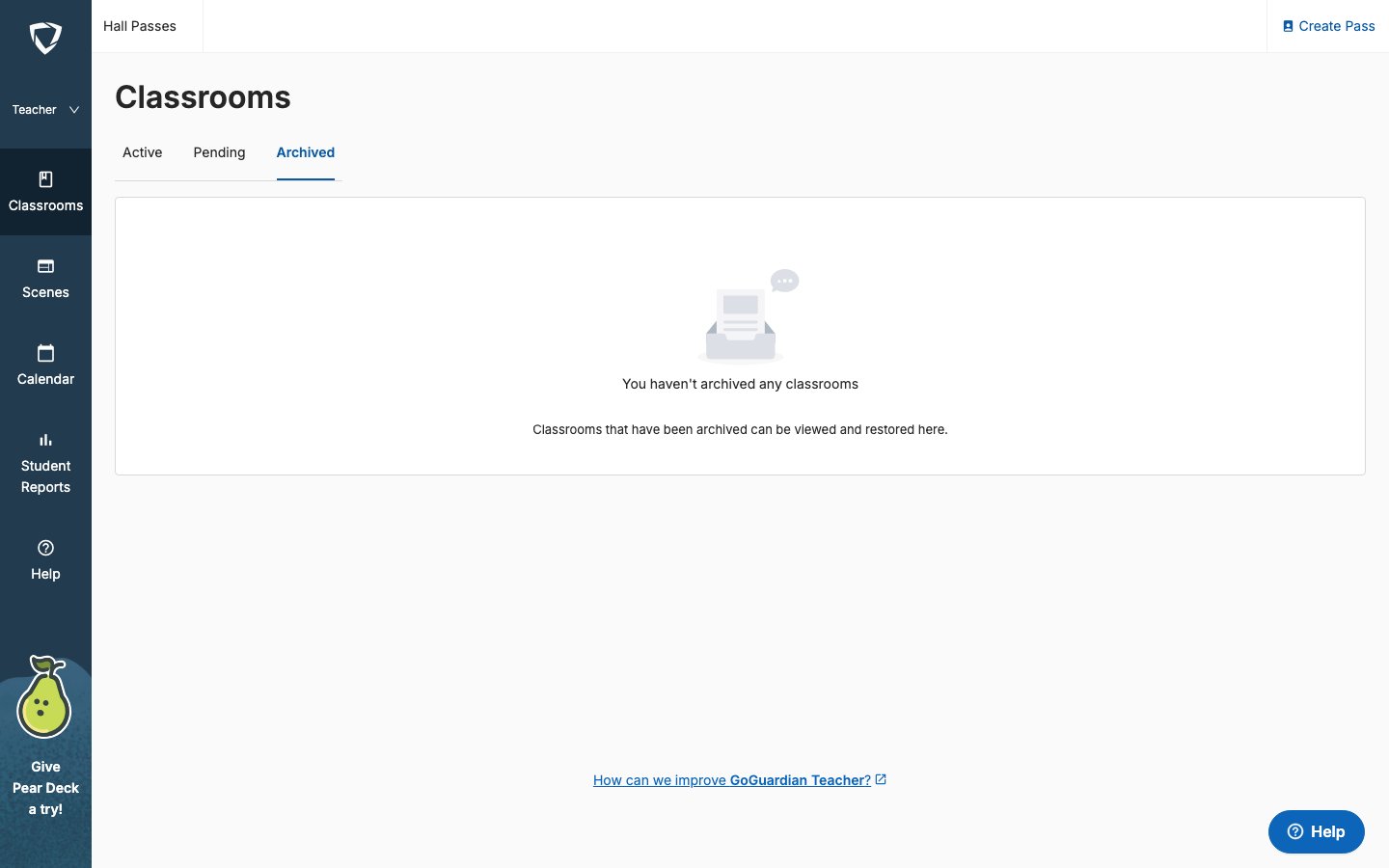Archived classes page showing archived classroom tiles with Restore Class button