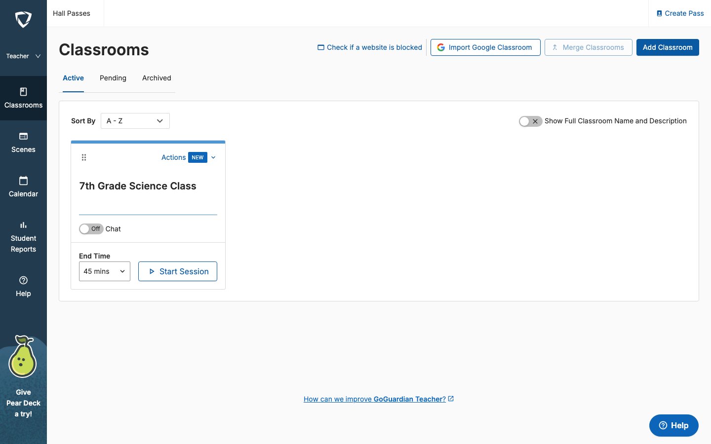 Active Classrooms page showing Import Google Classroom button in the toolbar
