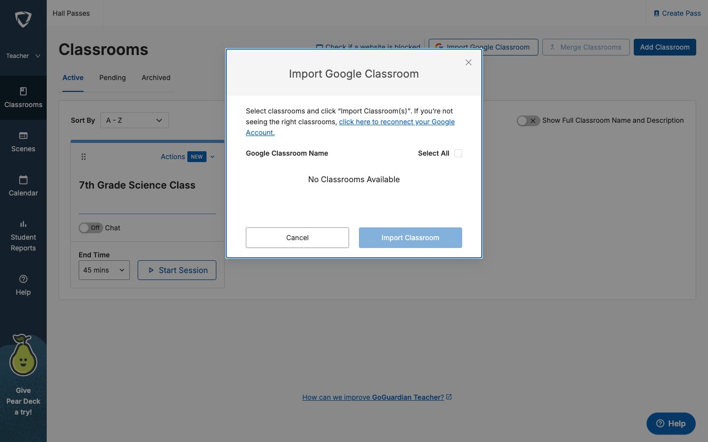 Import Google Classroom dialog showing connected Google account and available class list