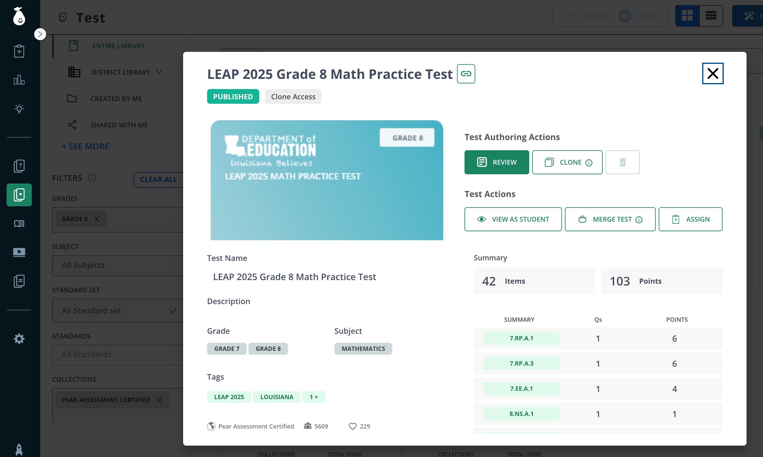 Pear Assessment Test Library showing an assessment card with the Assign button.