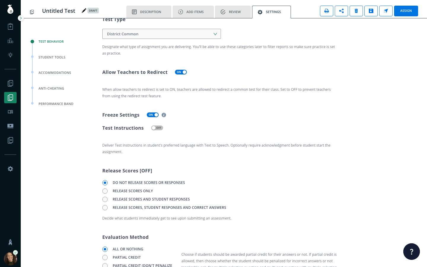 Pear Assessment test Settings panel showing the Release Scores options: Do Not Release Scores or Responses, Release Scores Only, Release Scores and Student Responses, and Release Scores, Student Responses and Correct Answers