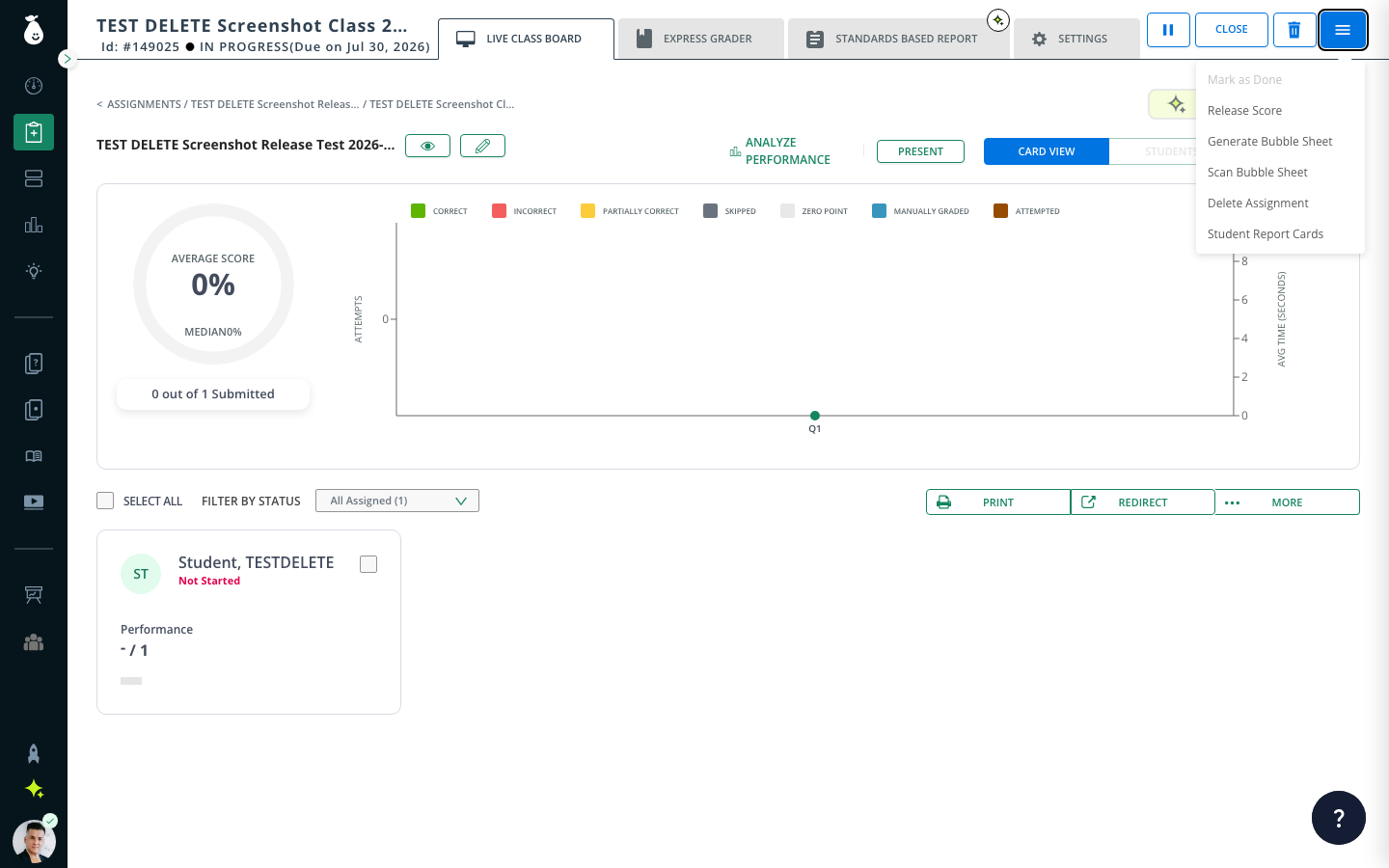 Pear Assessment Live Class Board More Actions menu open, showing the Release Score option