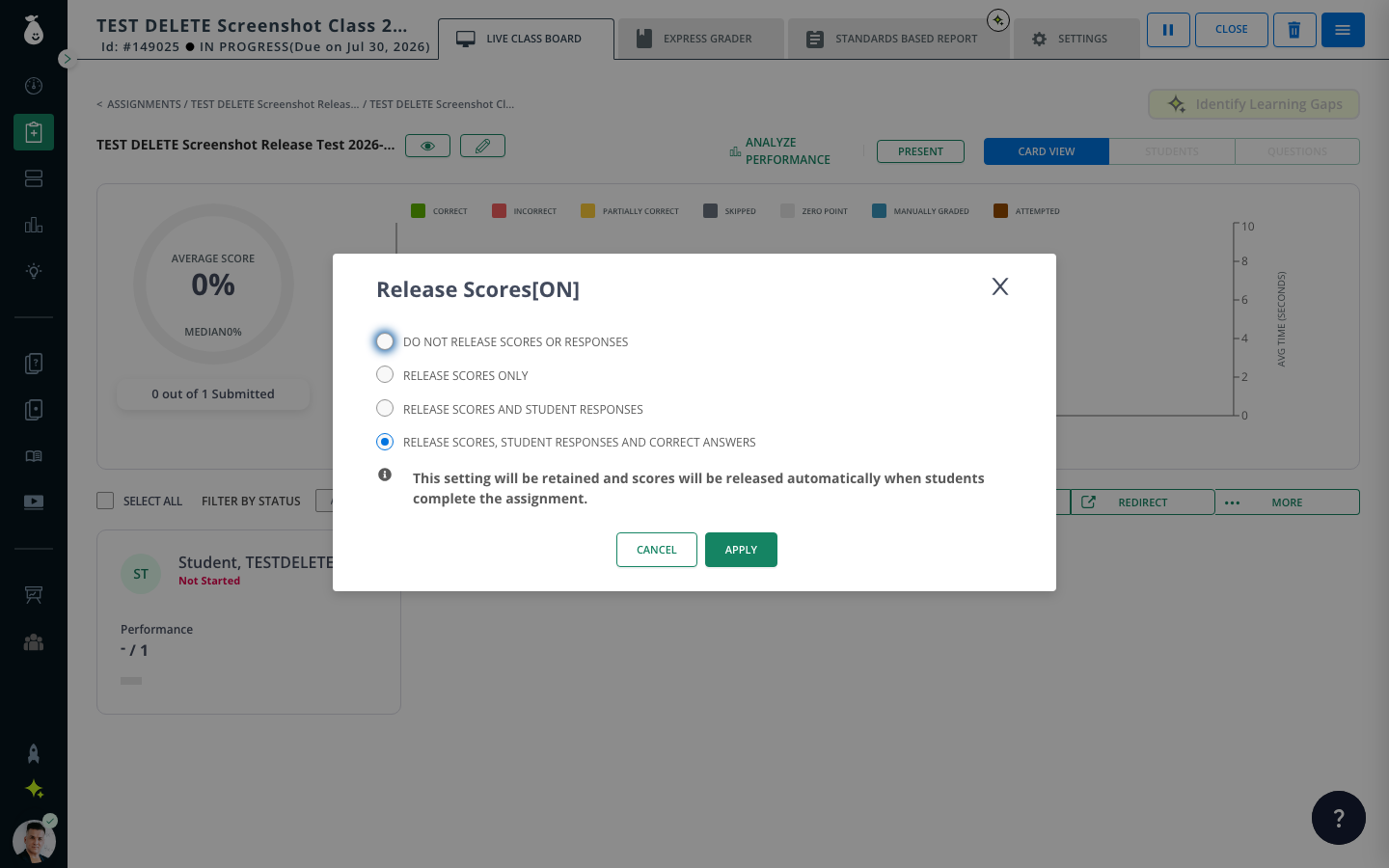 Pear Assessment Live Class Board Release Score dialog with Release Scores, Student Responses and Correct Answers selected and the Apply button visible