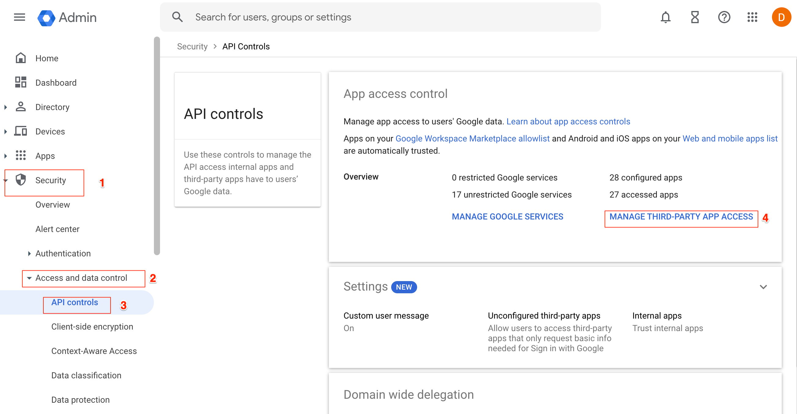 Image shows how to get to the appropriate third party app access menu within Google Admin Console