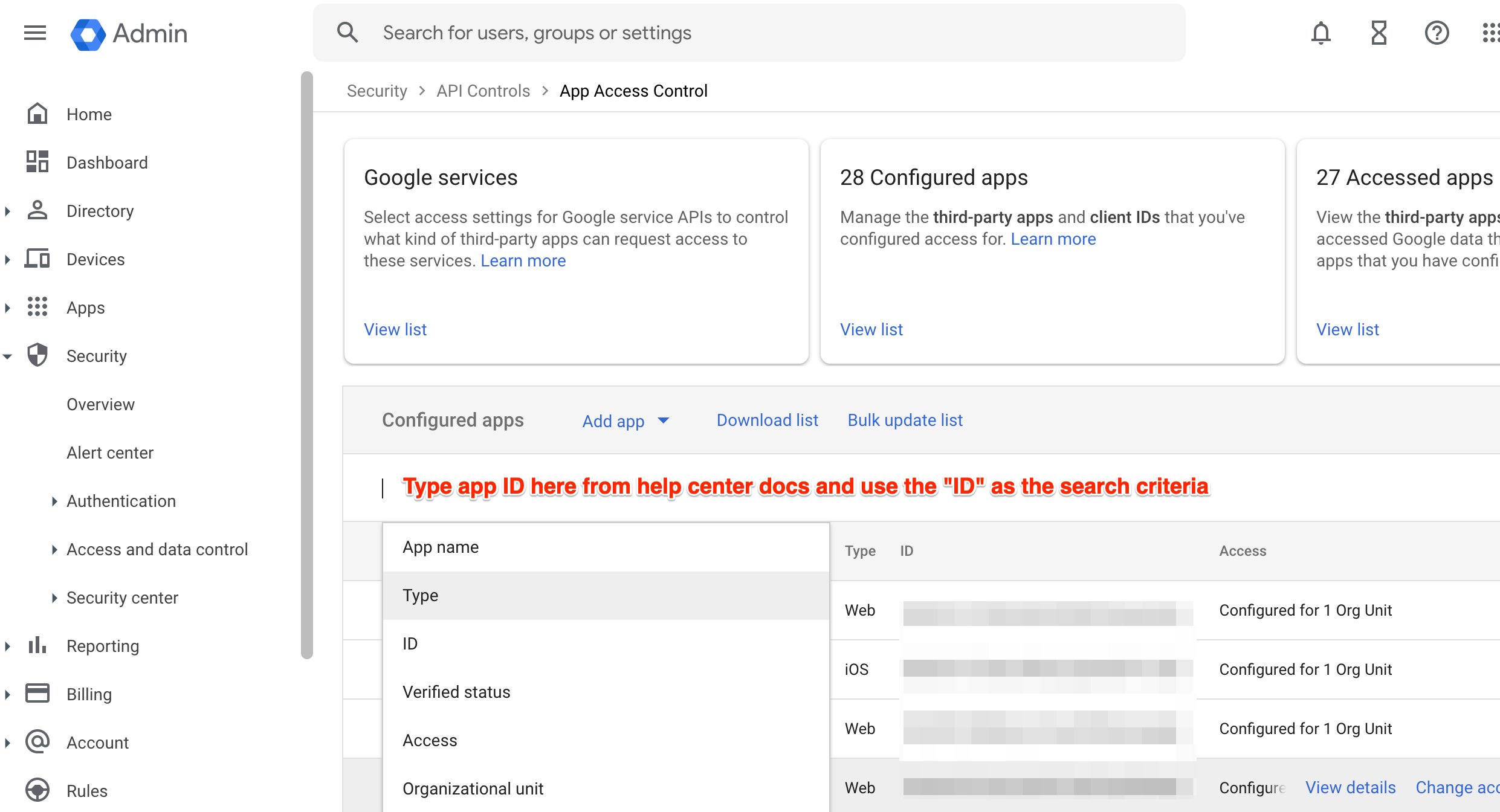 Image shows where to search for app ID