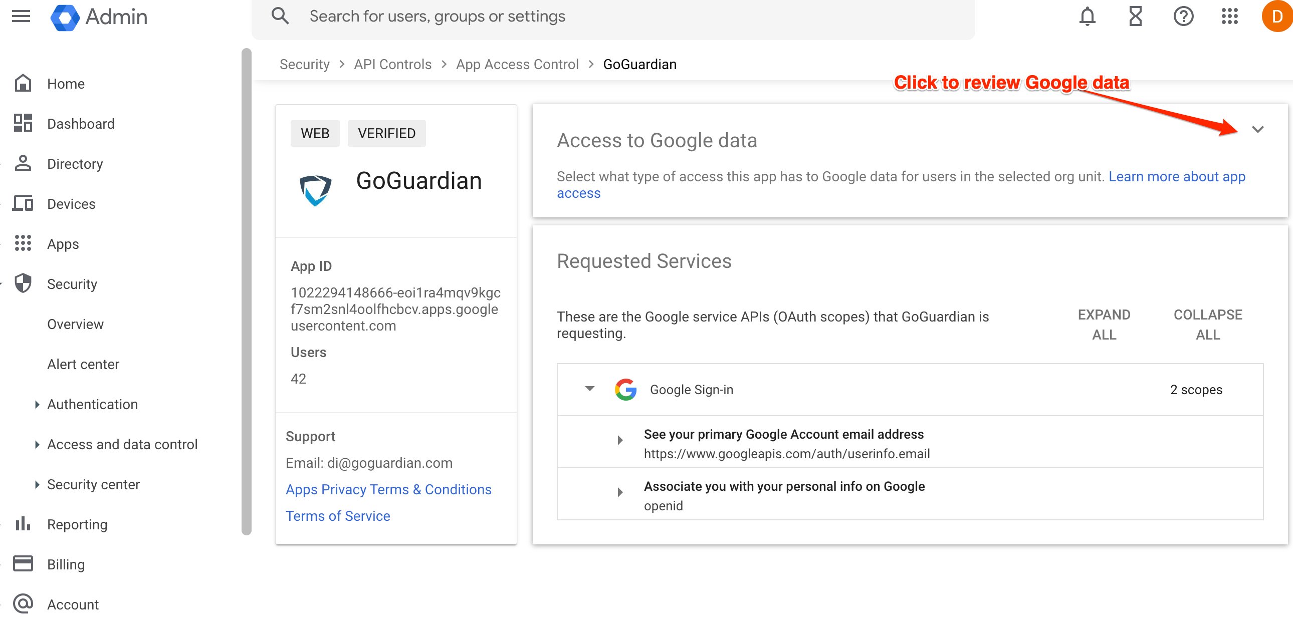 Image shows where to click in the app menu to show/edit google permissions