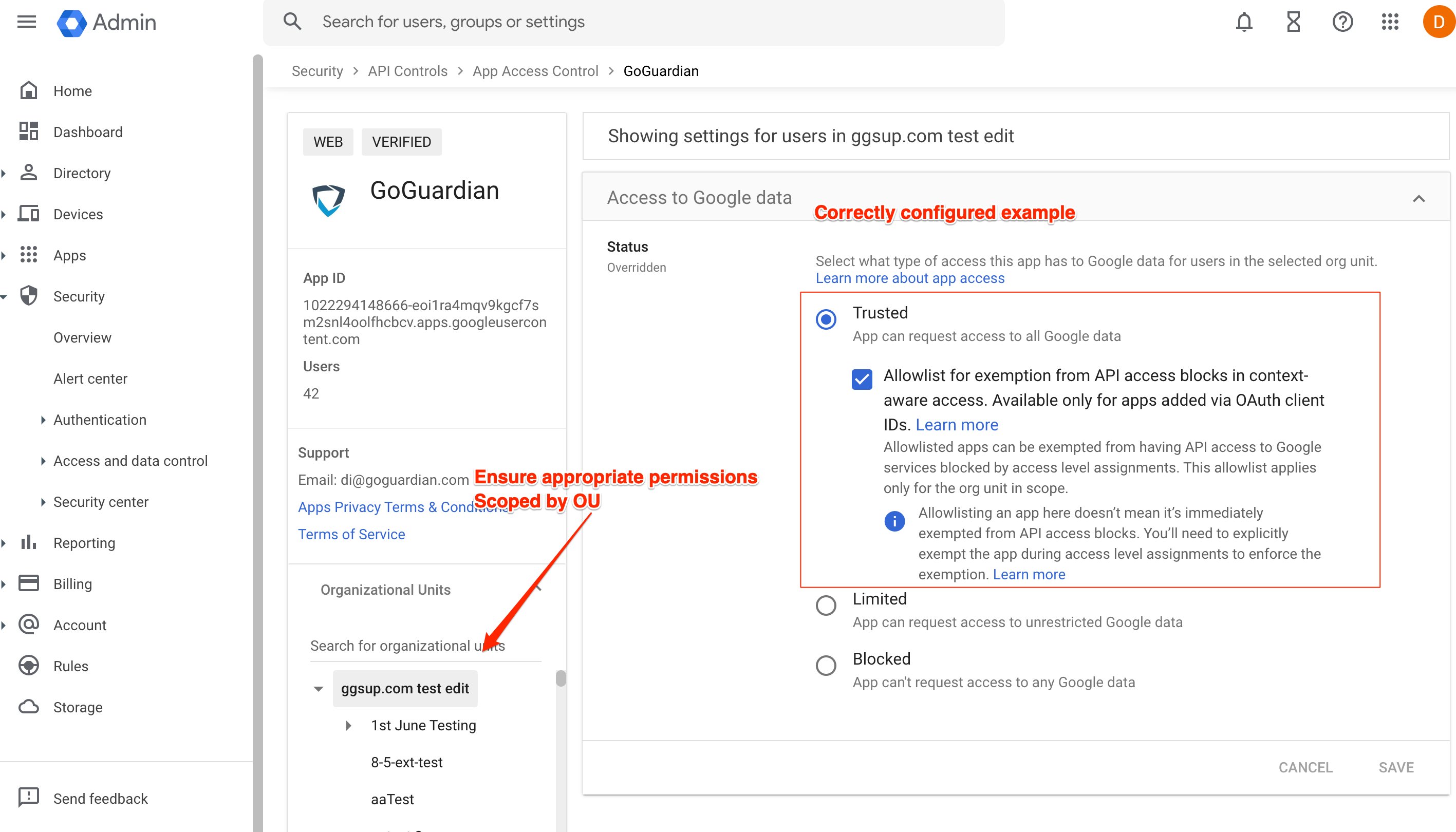 Image shows the proper permissions for all GoGuardian application IDs within Google Admin Console