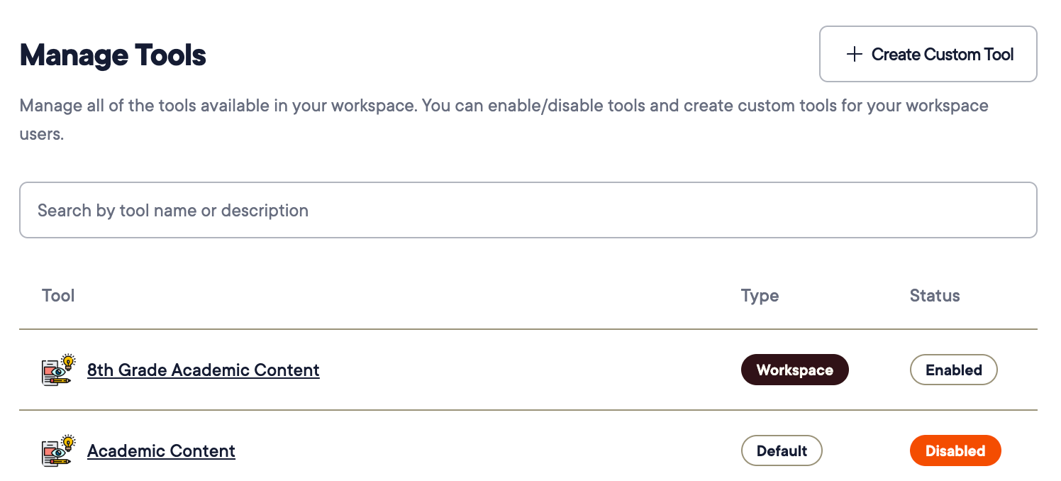 Image of a Workspace tool enabled and a default tool disabled.