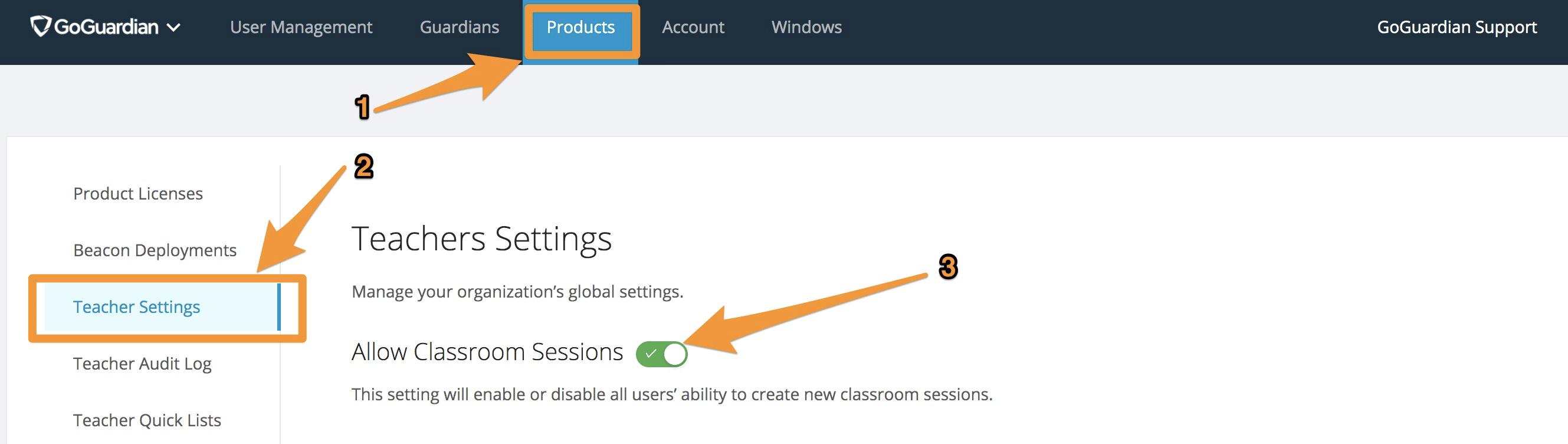Teacher Settings highlighted under Products page with Allowed Sessions toggled on