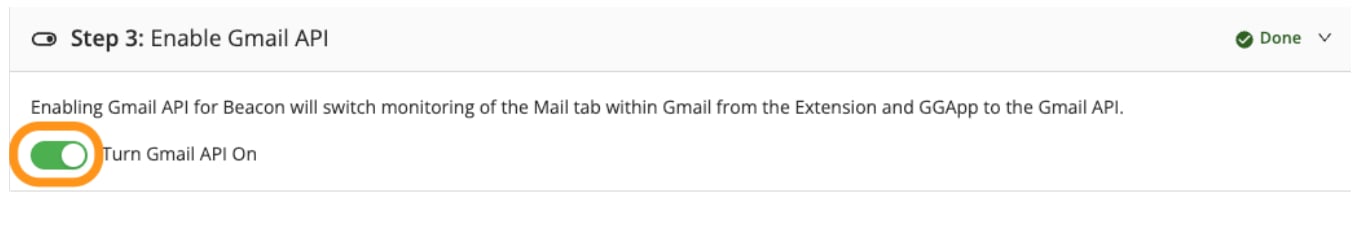 "Enable Gmail API" setting drawing attention to the "Turn Gmail API on" toggle