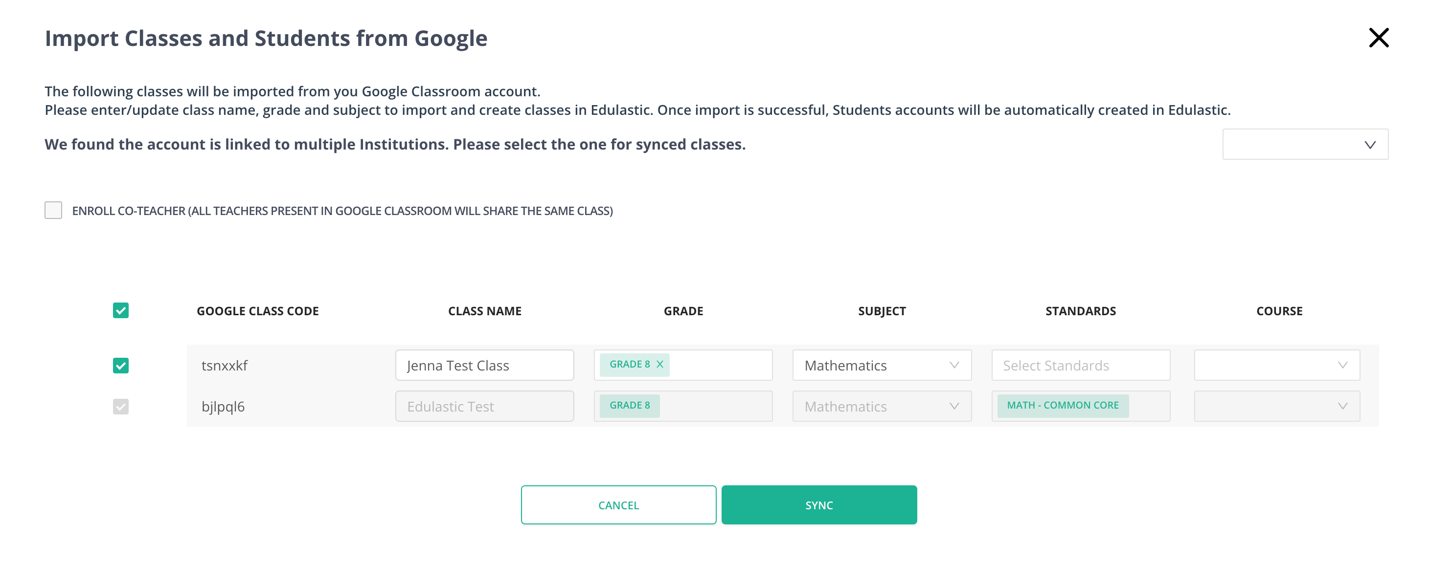 Importing options for classes from Google Classroom