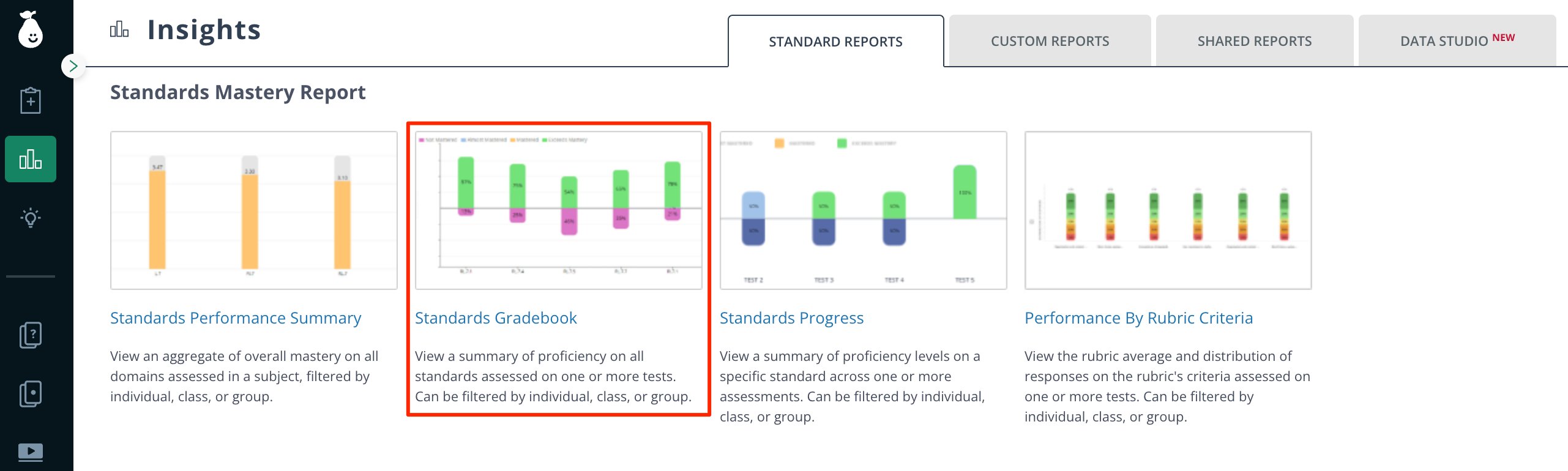 Standards Gradebook in Insights view.