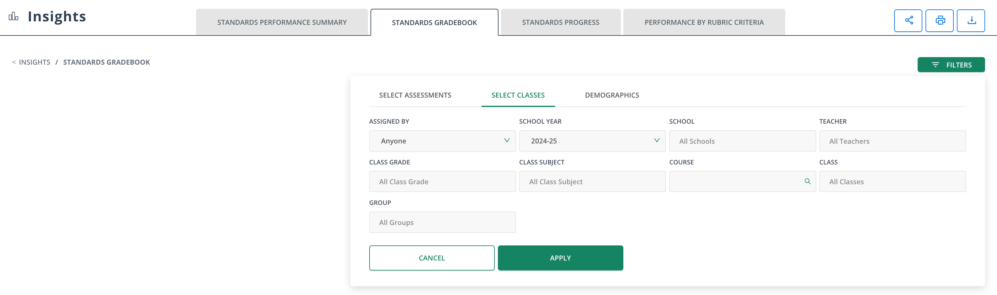 View of available filters in reporting.