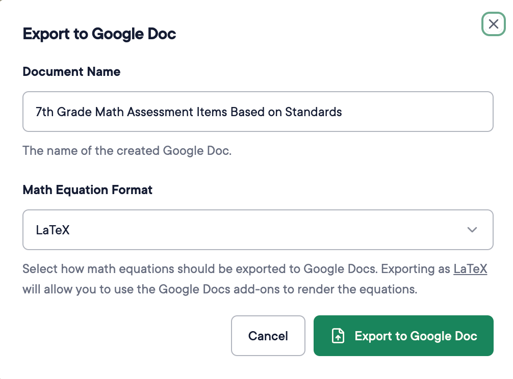 Select LaTeX for the Math Question Format.
