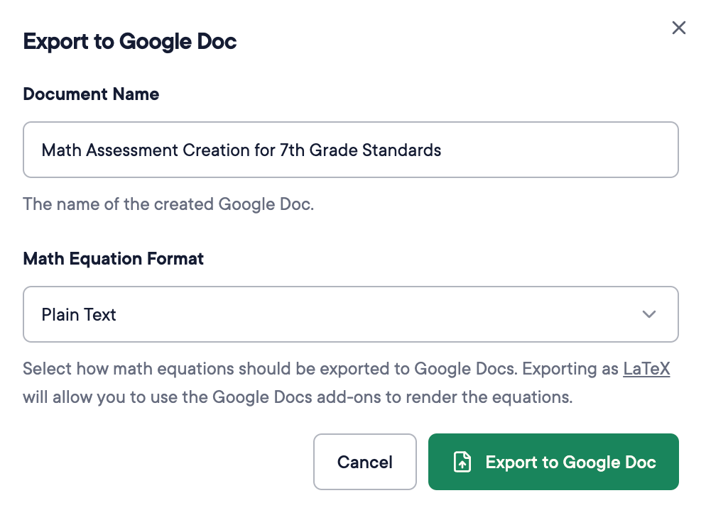 Example of Plain Text format selected for an export to Google Docs.