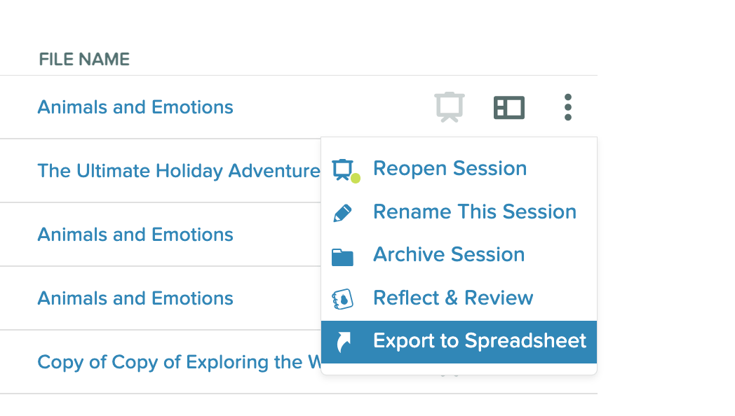 Sessions page with the more actions menu highlighted in a red square, and in the menu, the item entitled export to…