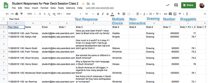 Spreadsheet export, reponse types labled