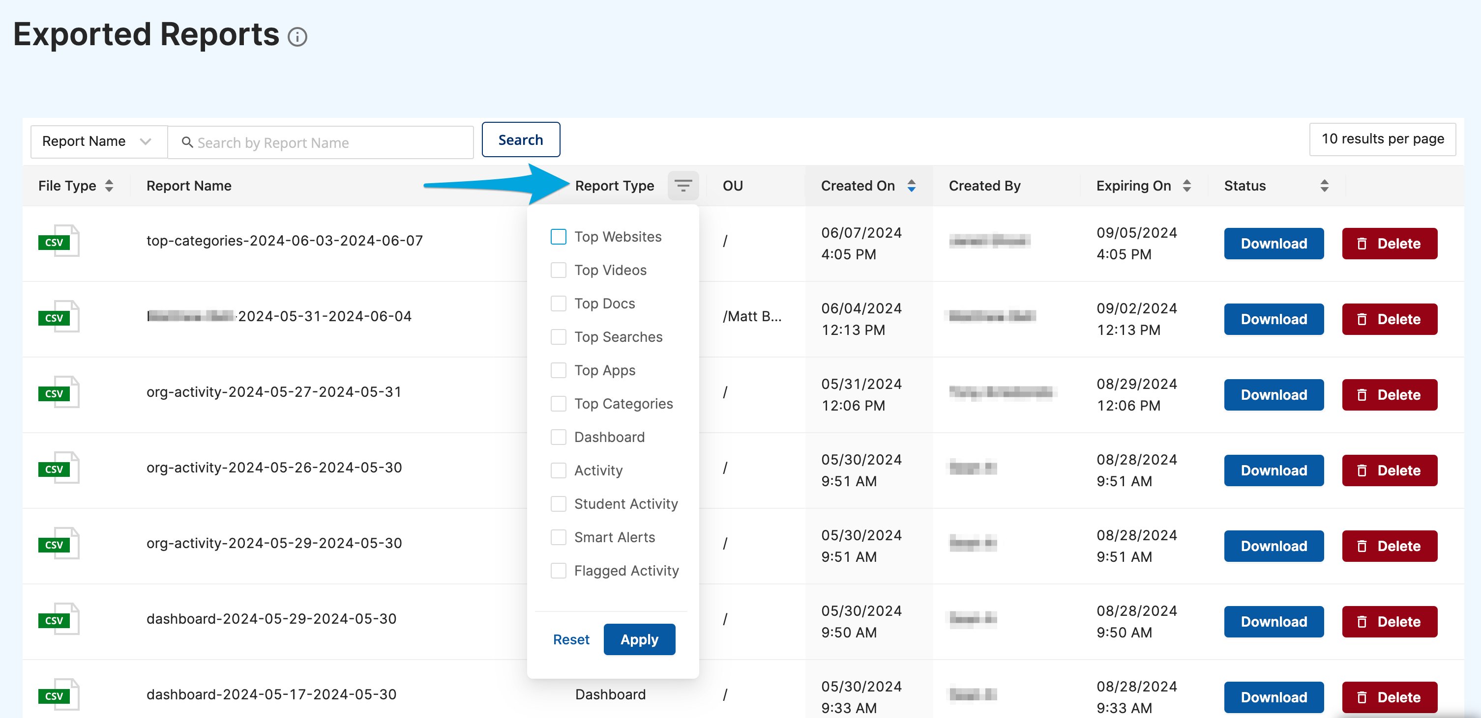 The Exported Reports page in GoGuardian Admin used to view exported report information and download reports