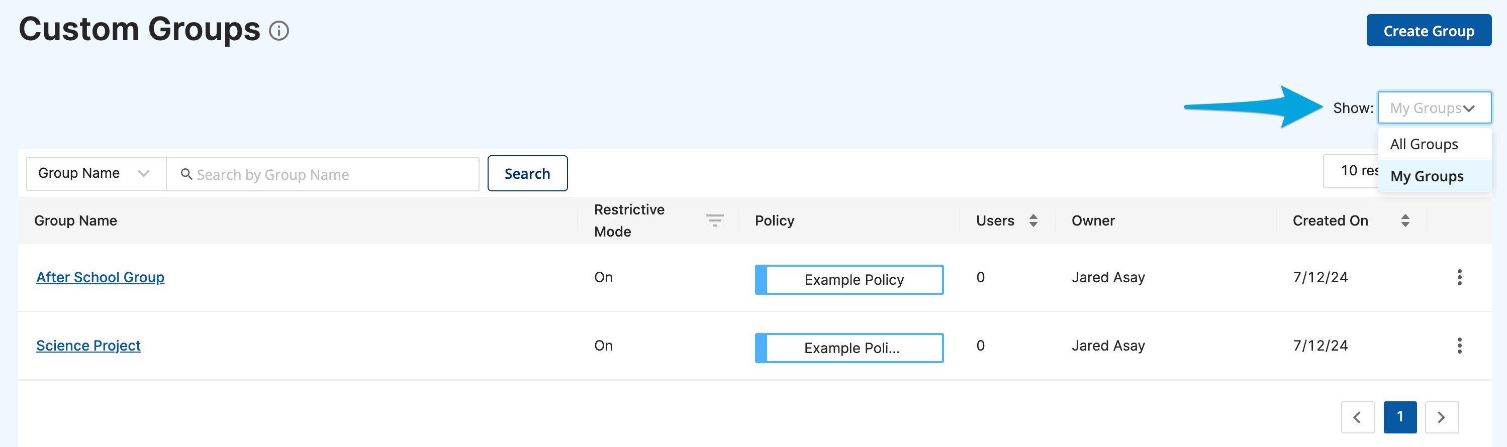 Navigate the Custom Groups List