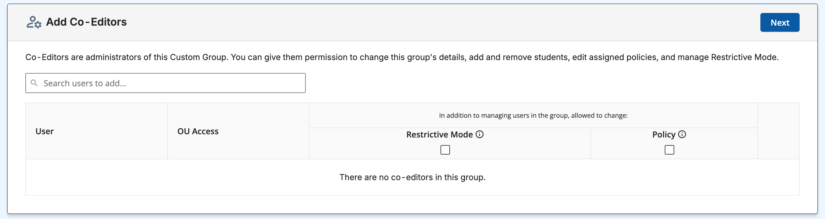 Custom Group's Co-Editor adding and permissions interface