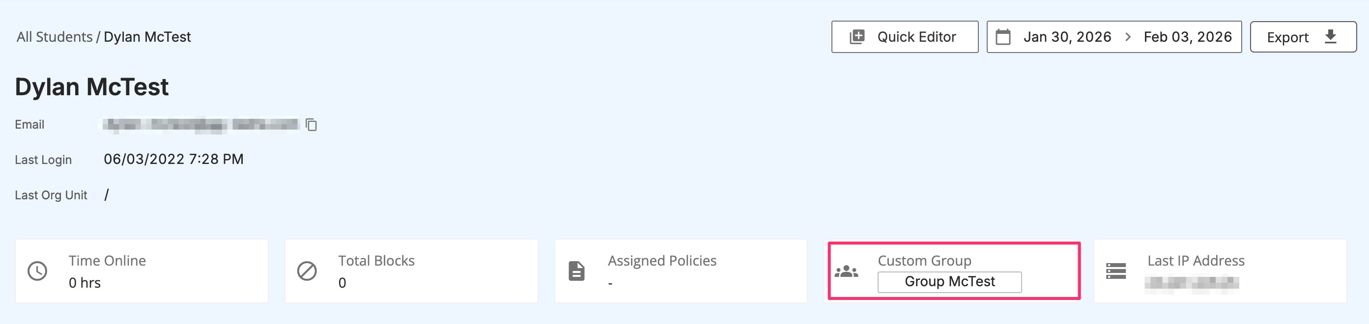 A student's profile in GoGuardian Admin highlighting their Custom Group name