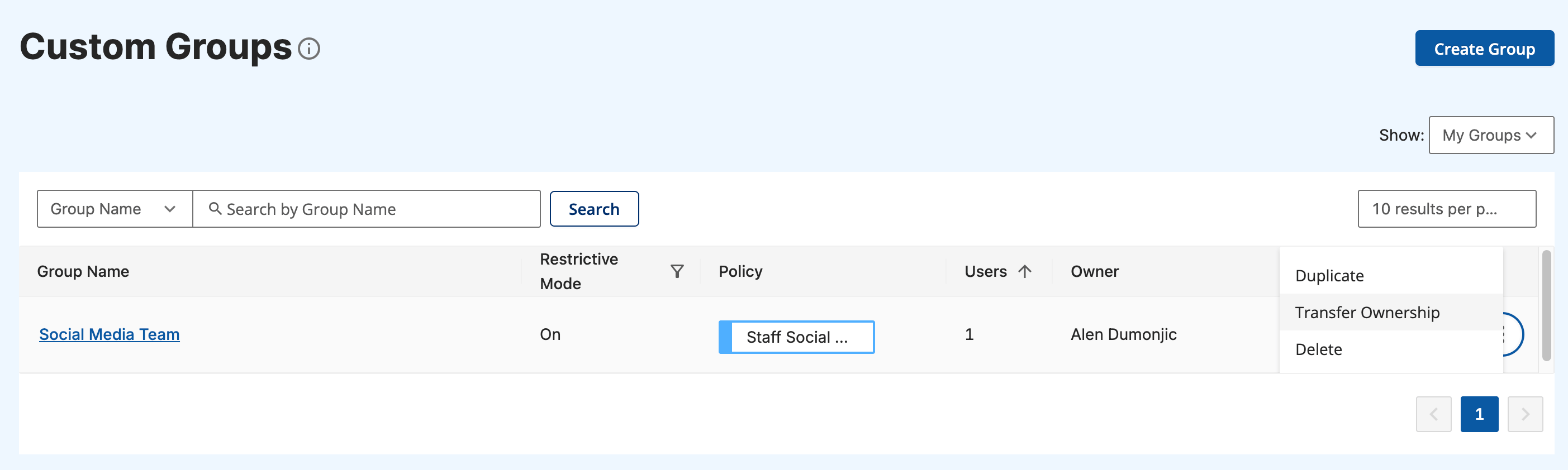 Custom Group's drop down menu options for deleting a group, transferring ownership and making a copy