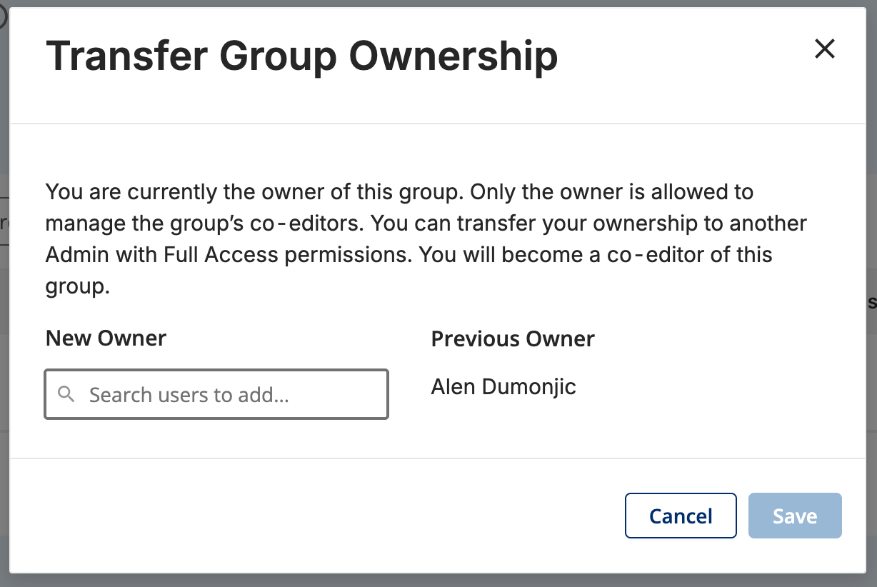 Custom Group's 'Transfer Group Ownership' interface