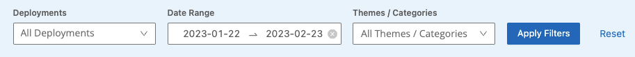 Deployments (dropdown selection). Date range. Themes/Categories (dropdown selection) Action button: Apply filters, Reset