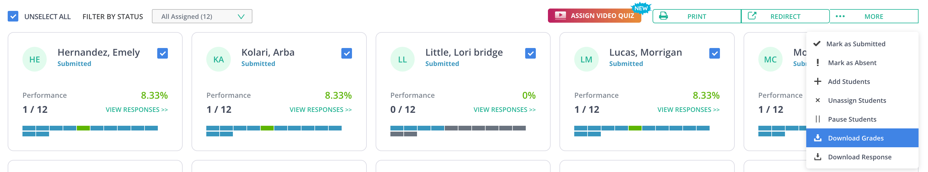 The Download Grades button under the More dropdown menu.