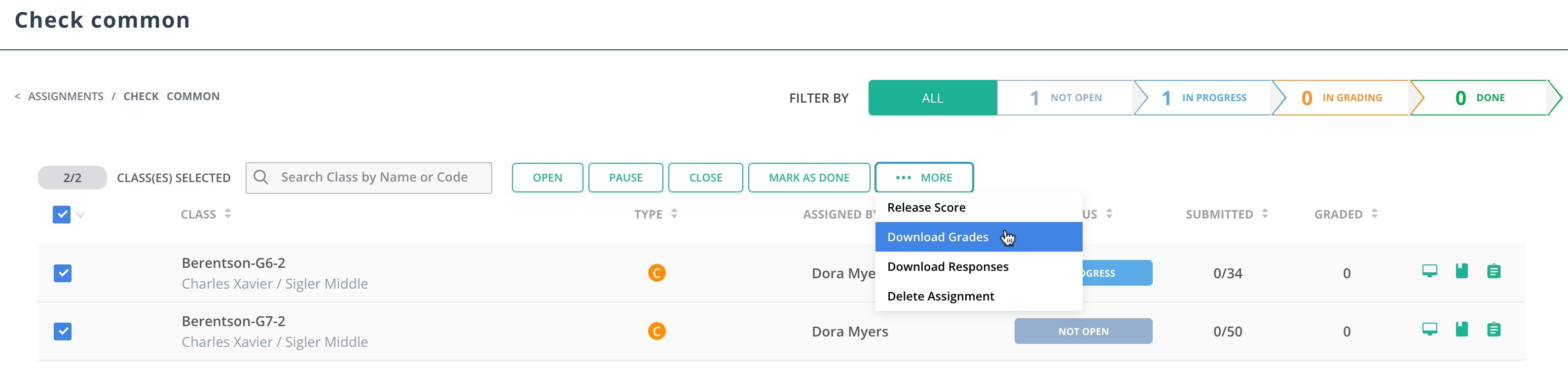 The Download Grades button in the More dropdown menu.