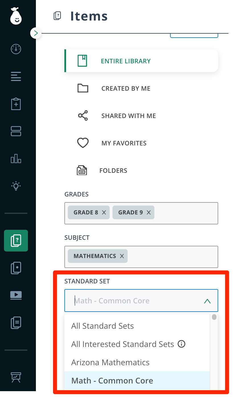 View of the Standards filter in Items.