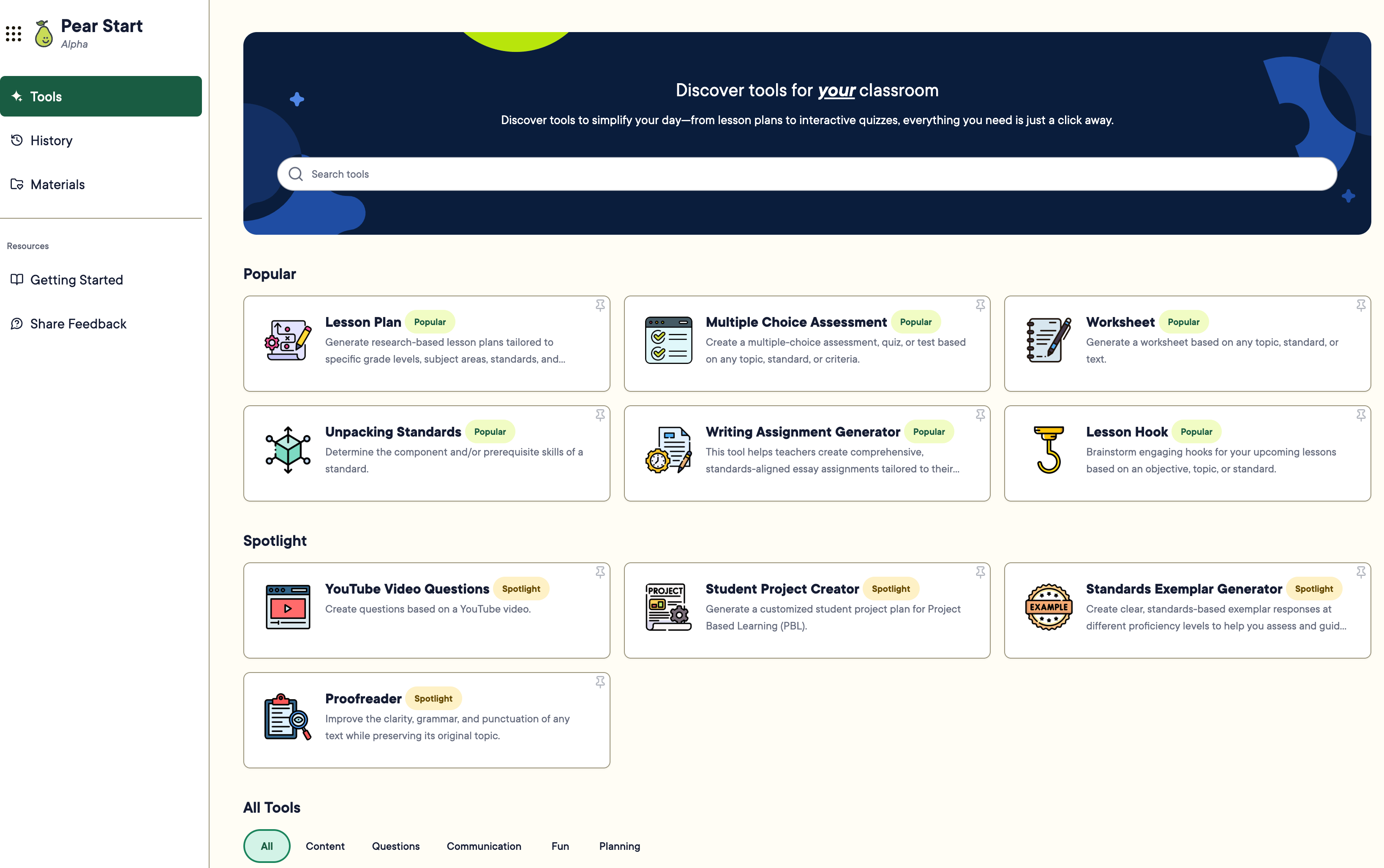 Overview of the Tools page in Pear Start.