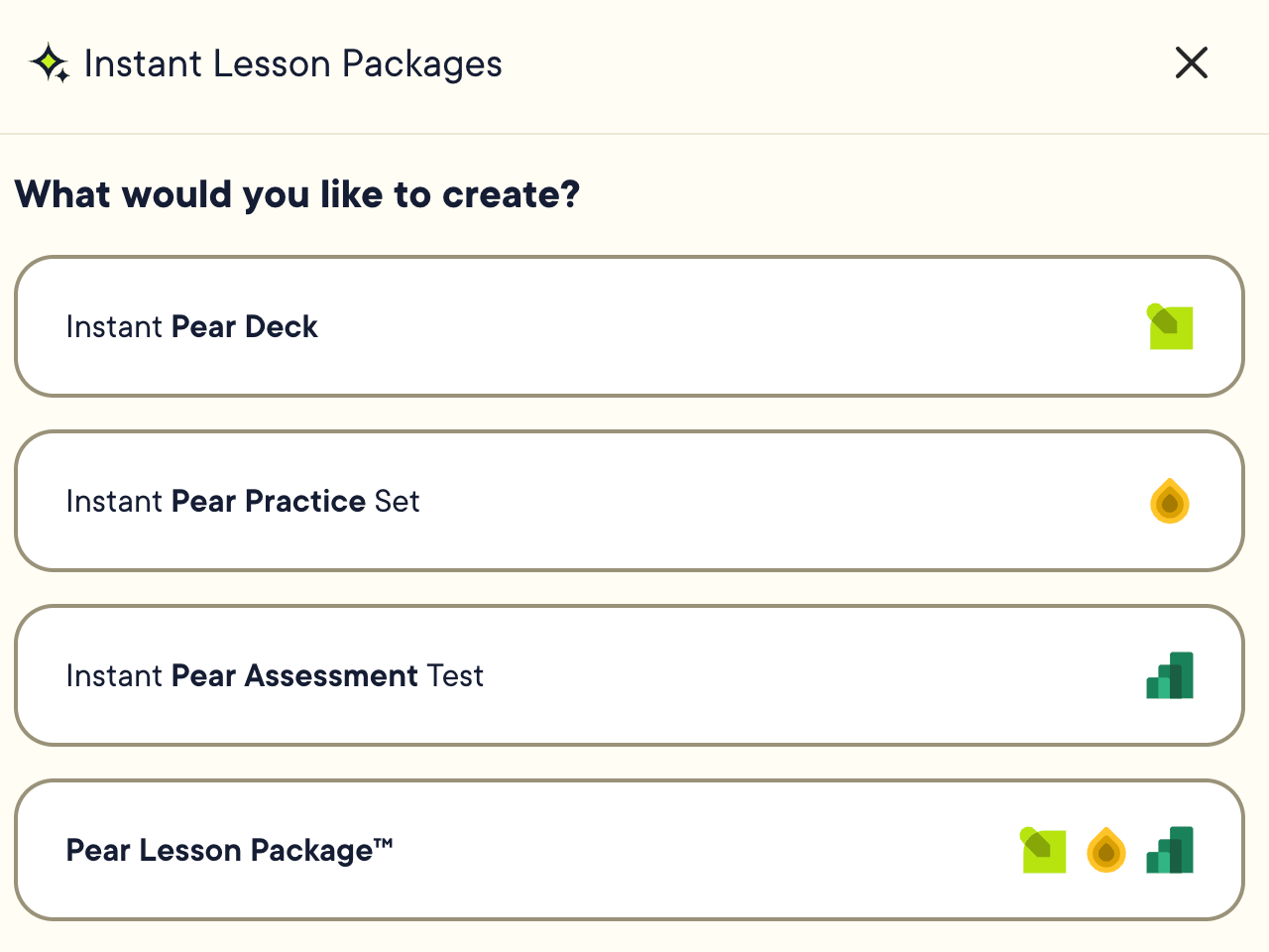 Options for Instant Lesson Packages.
