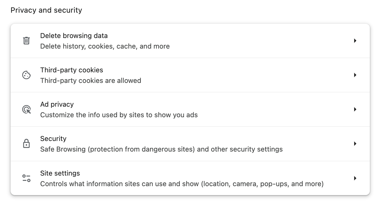 Third-party cookies in the menu of the "Privacy and security" landing page.