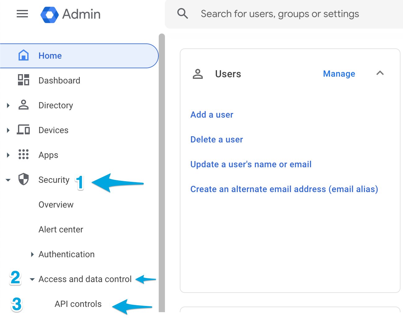 Google Admin dashboard menu: Security (selected), Access and data control (selected), API controls (selected)