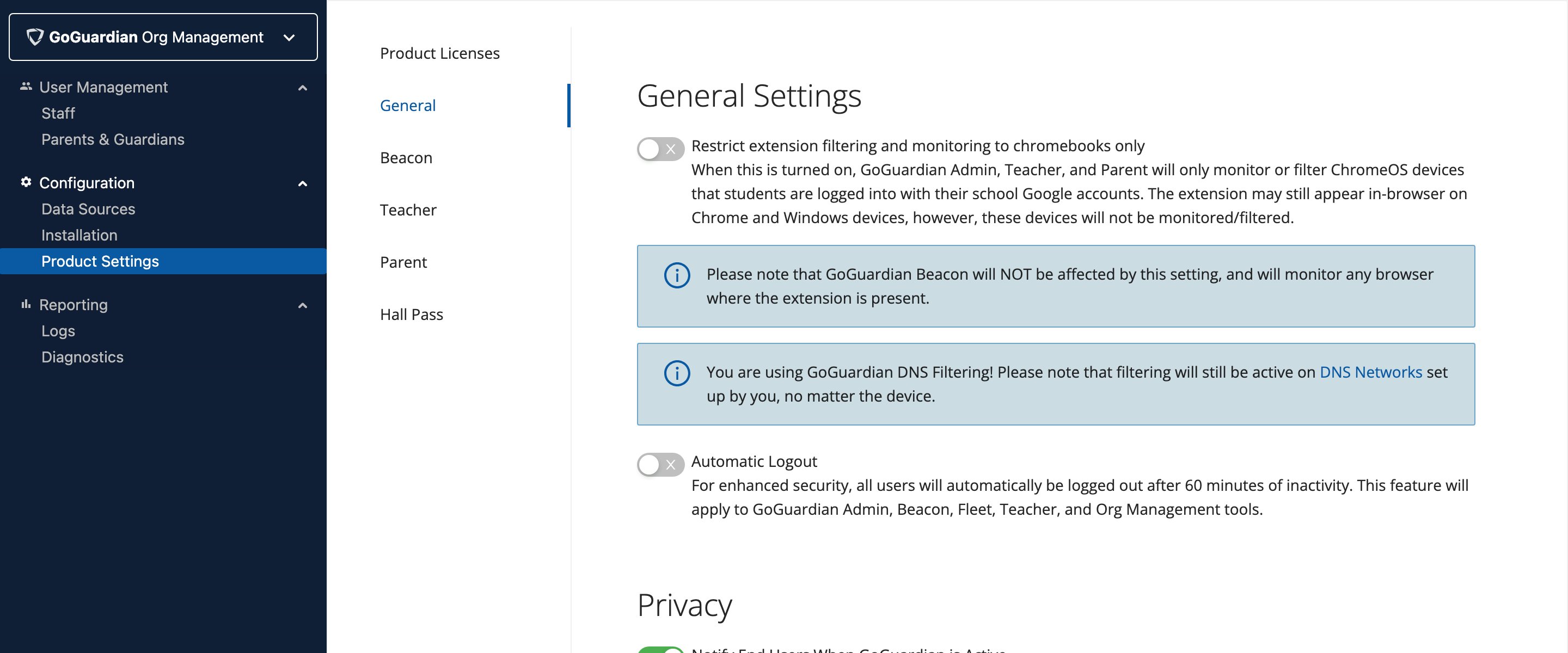 GoGuardian Org Management — Product Settings showing At Home Mode toggle and In School Hours configuration