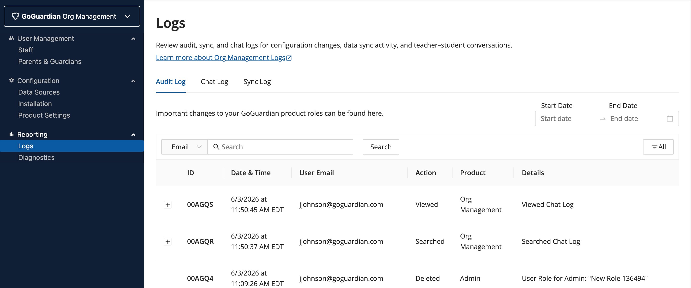 GoGuardian Org Management Audit Log showing a list of changes ordered by most recent activity
