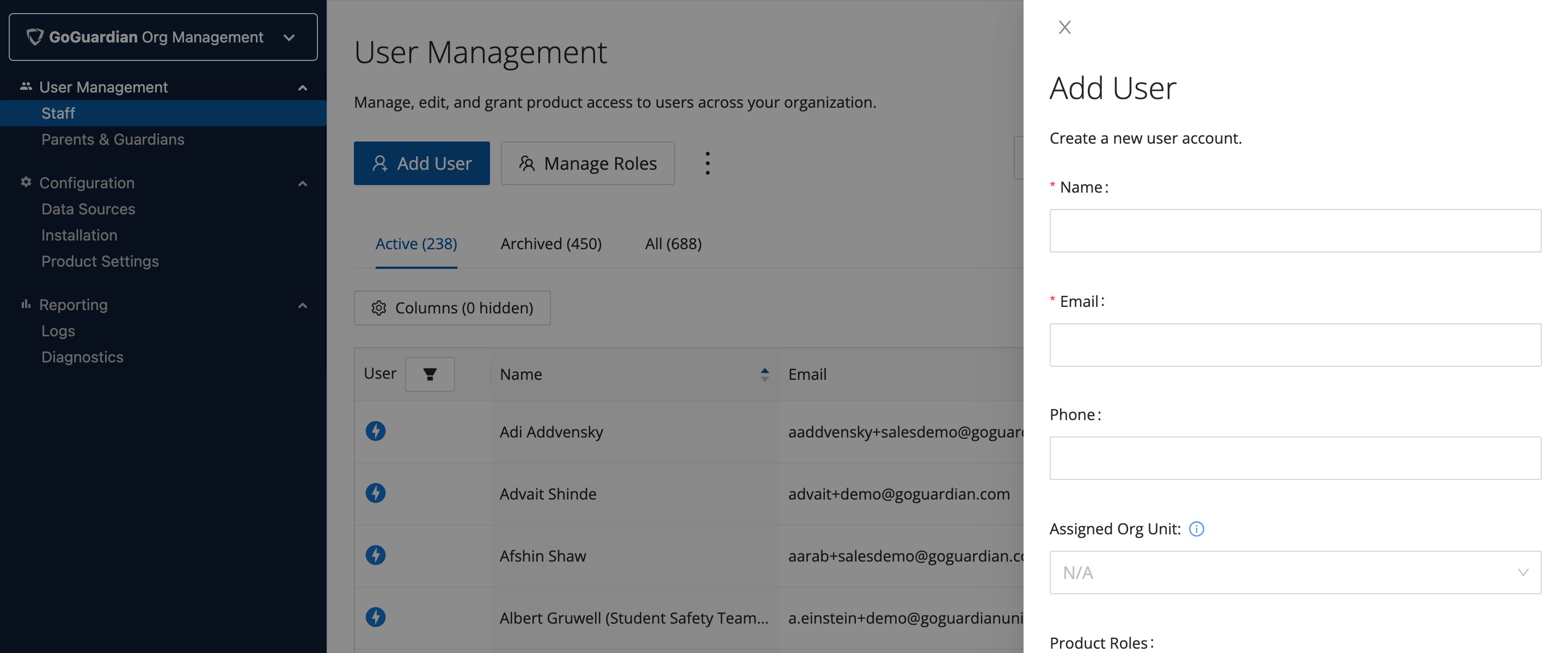 GoGuardian Org Management — Add User page showing Product Roles and Organization Unit Permissions fields
