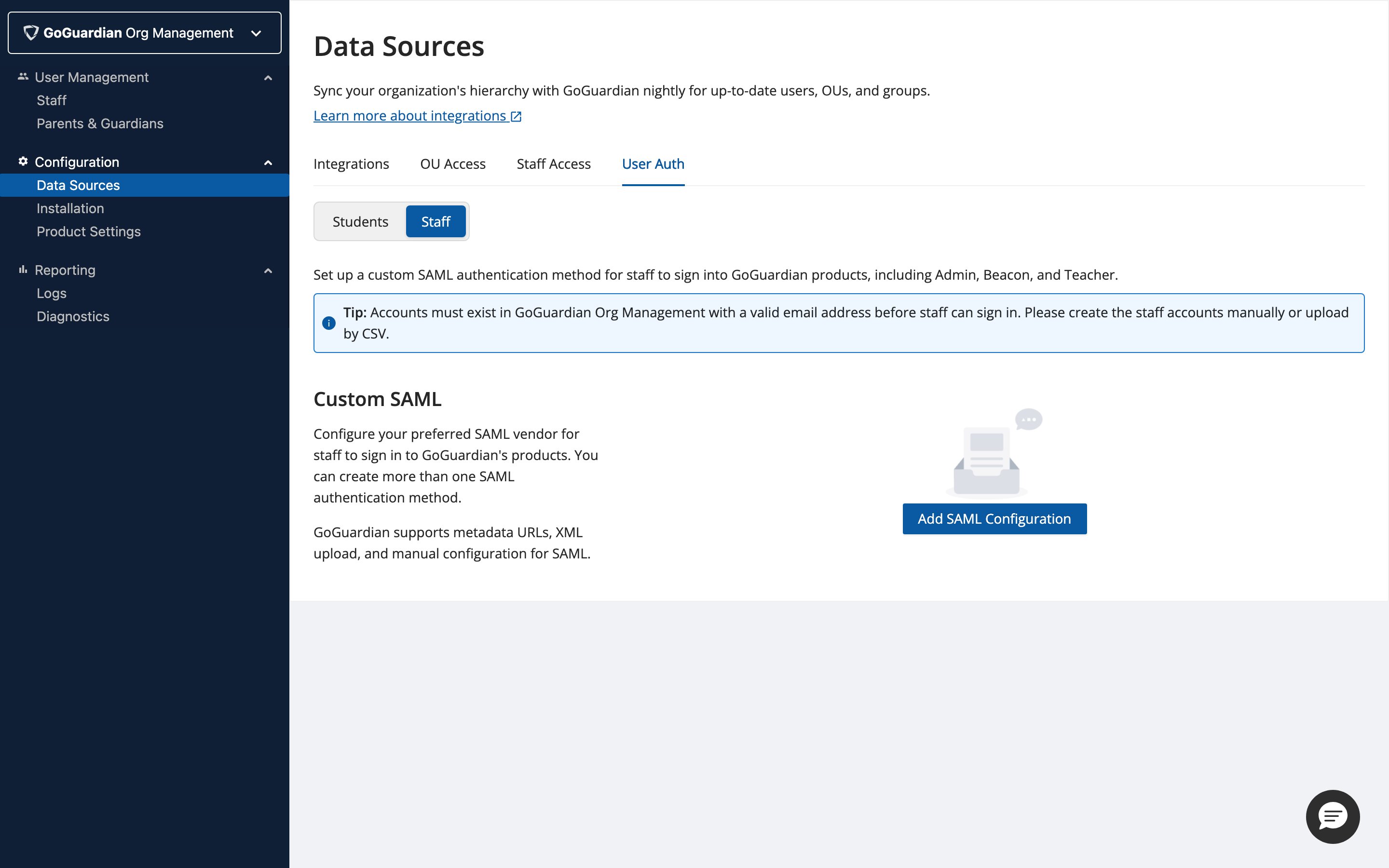 GoGuardian Org Management — Staff SAML SSO configuration page